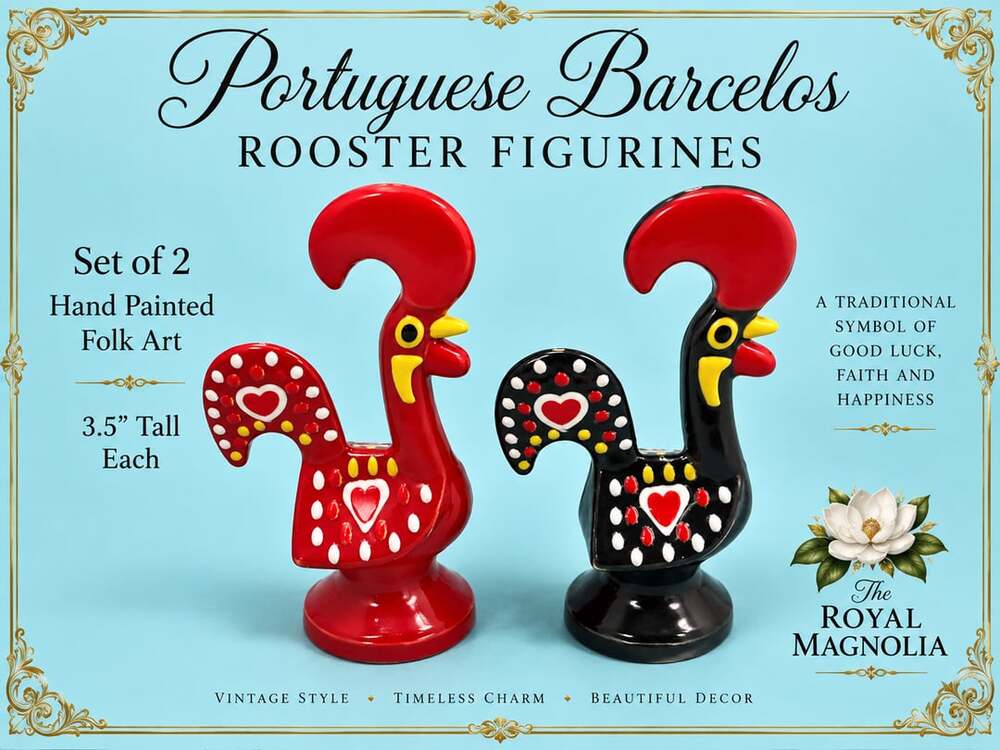 The Royal Magnolia Portuguese Barcelos Rooster Figurines 3.5 Inch Set of 2